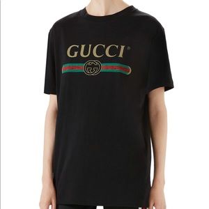 Oversized Distressed Gucci Print Cotton Tee-Small